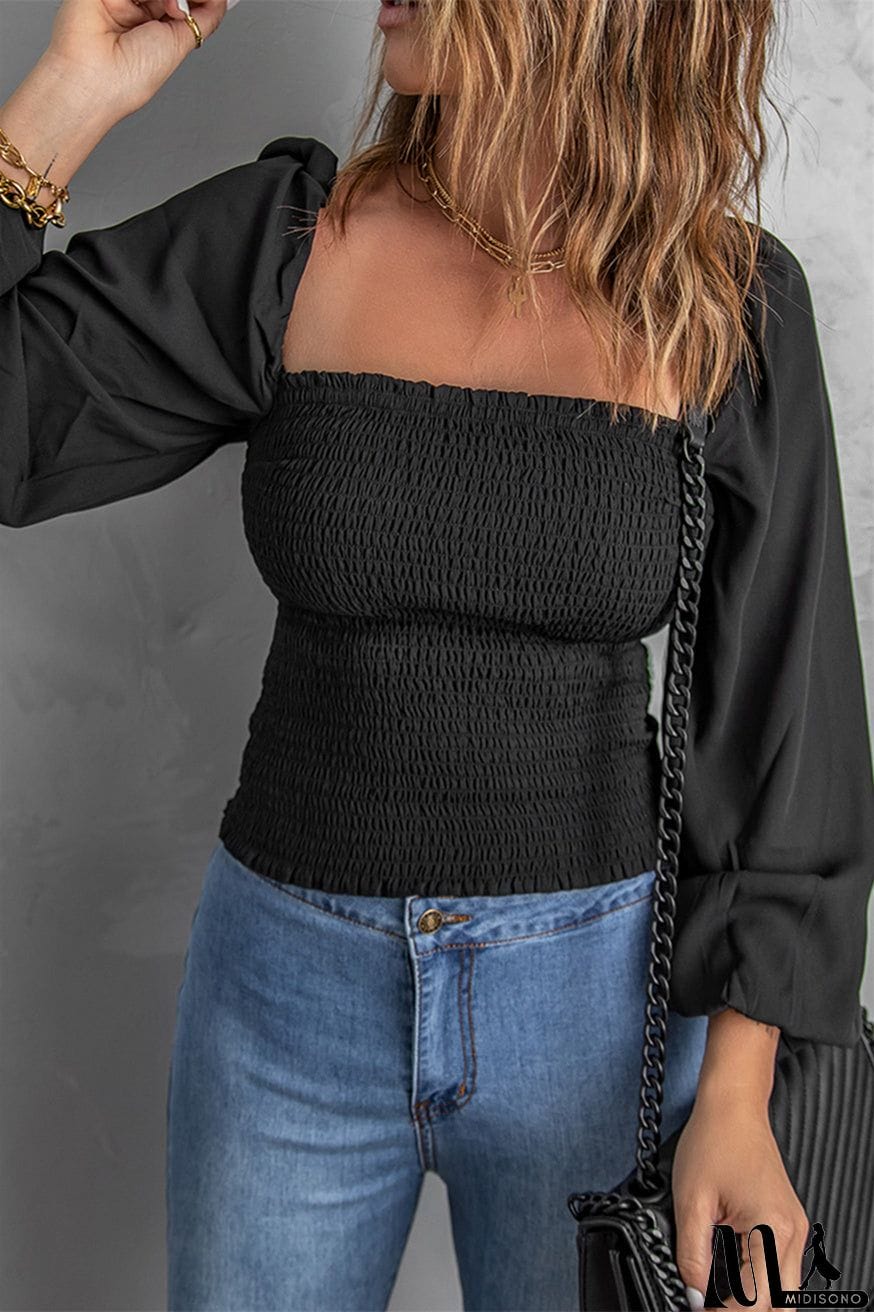 MidiSono - Black Puff Sleeve Smocked Top