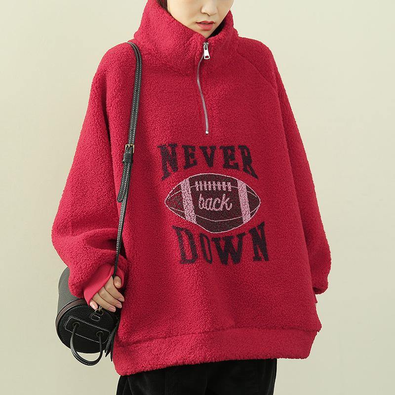VCSHOES red Letter tunics for women Shirts high neck zippered fuzzy wool top