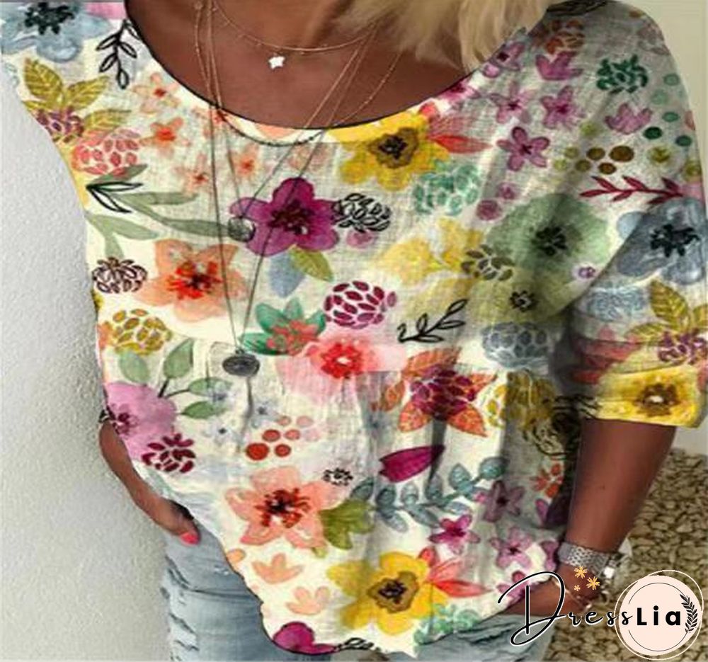 Fashion Women Summer Printed Round Neck Top