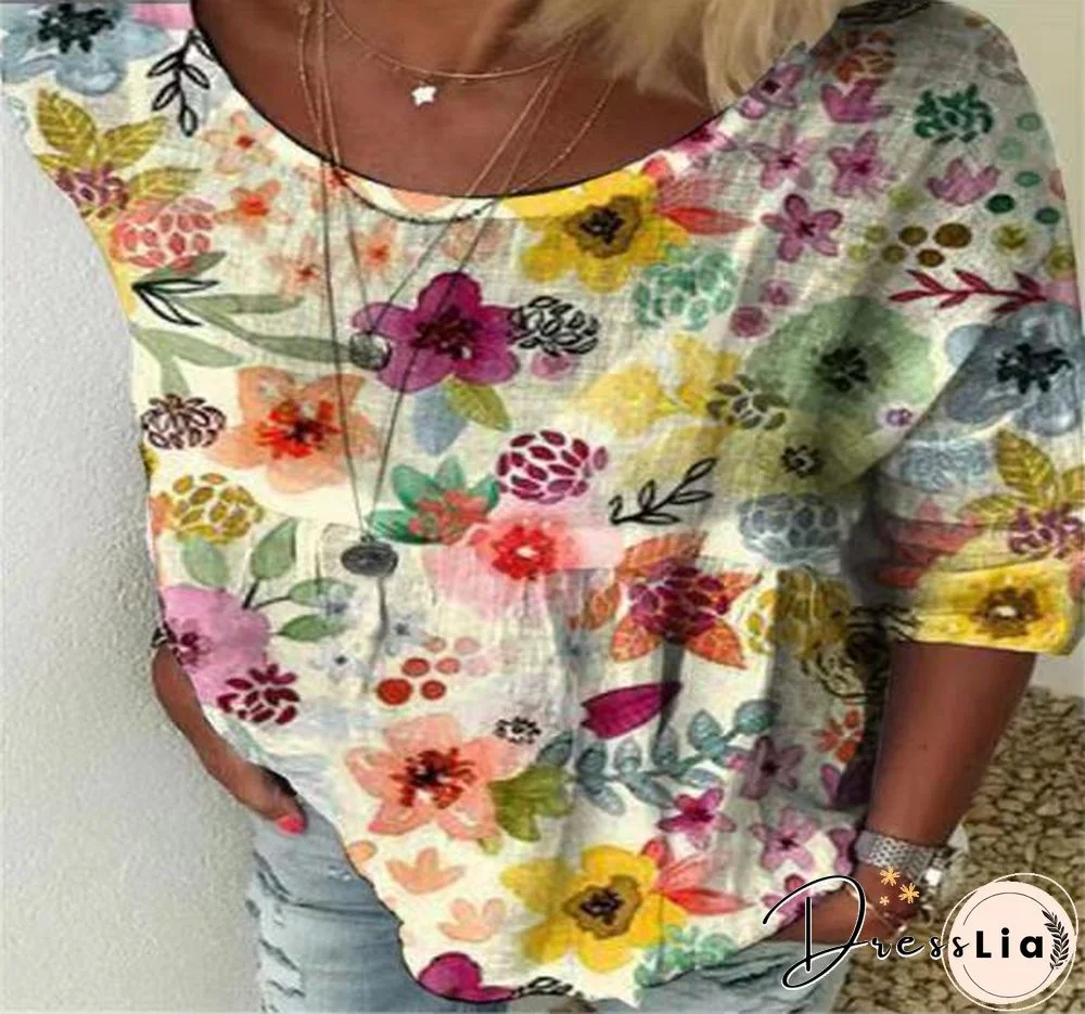 Fashion Women Summer Printed Round Neck Top