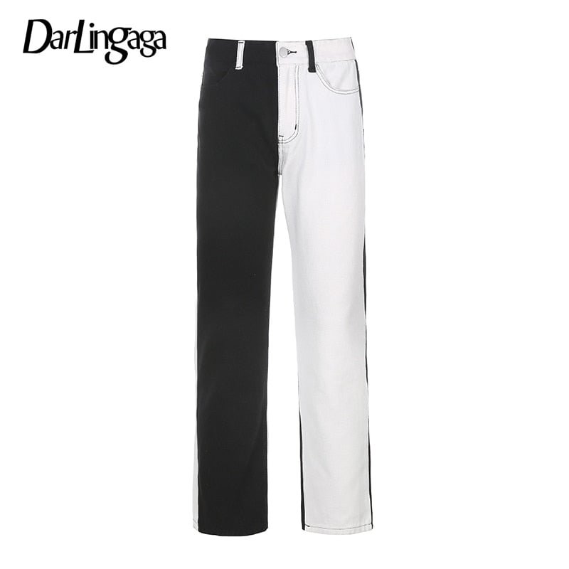 Darlingaga Fashion Black White Patchwork Woman Jeans Straight Skinny High Waisted Denim Pants Slim Long Trousers New Outfits