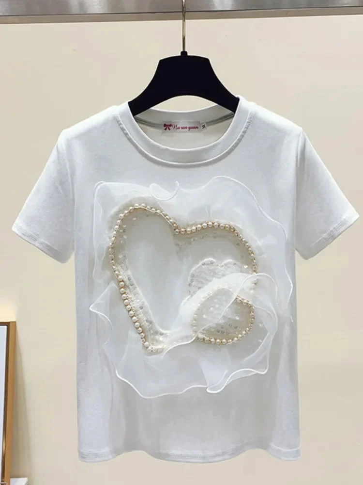 Huiketi Sequins Love Short Sleeve T-shirt For Women 2024 Summer Korean Style Loose Flounce Patchwork Solid Color Top Fashion Tees