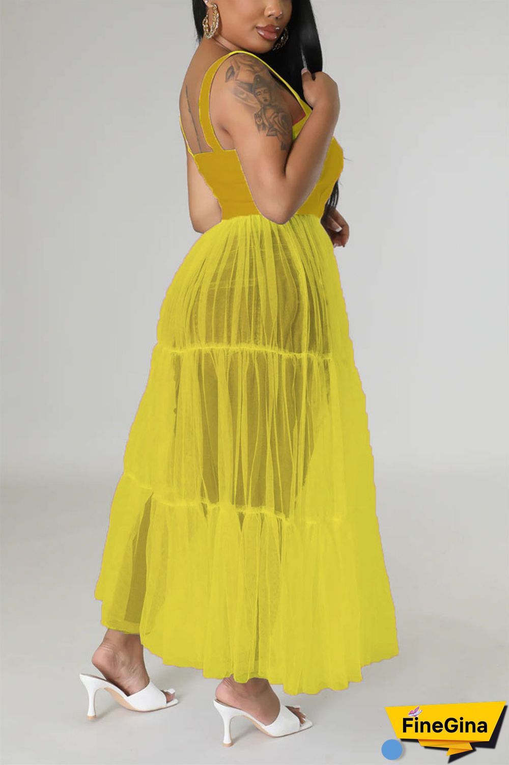 Black Casual Simplicity Solid Patchwork Fold Mesh Spaghetti Strap High Waist Tops