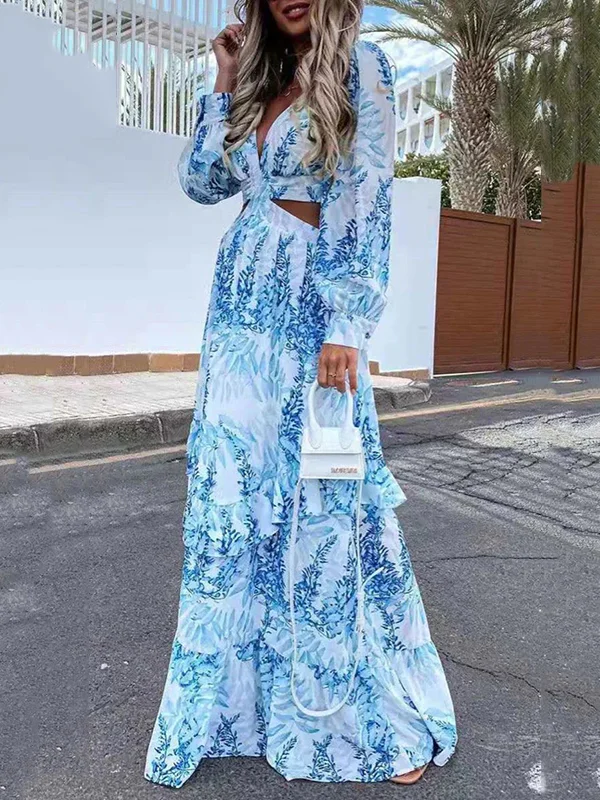 Belly-Hollow Floral Printed Long Sleeves V-Neck Maxi Dresses