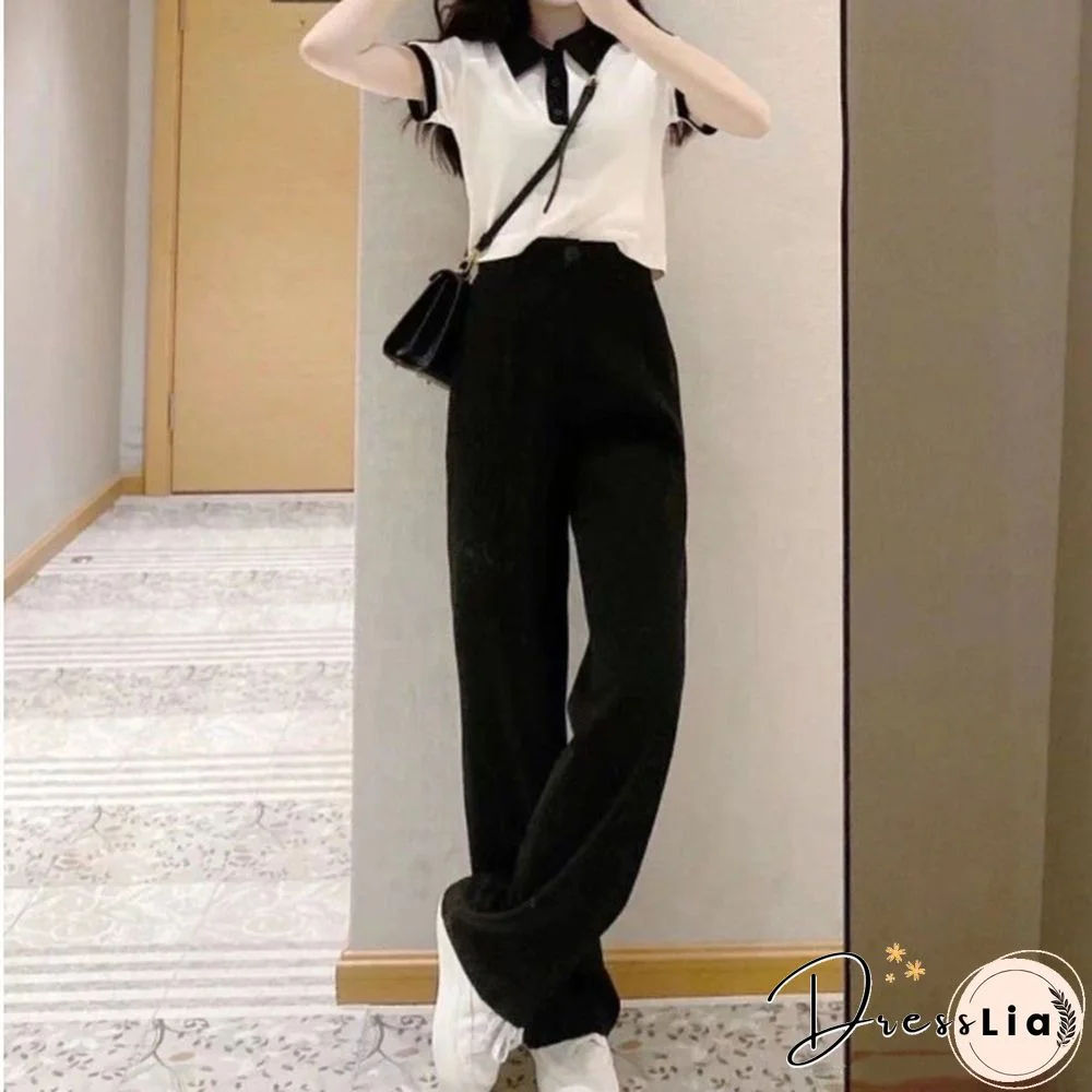 Women Sets Summer Simple Korean Style Turn-Down Collar Short Sleeve T-Shirt High Waist Wide Leg Button Fly Soft Trousers