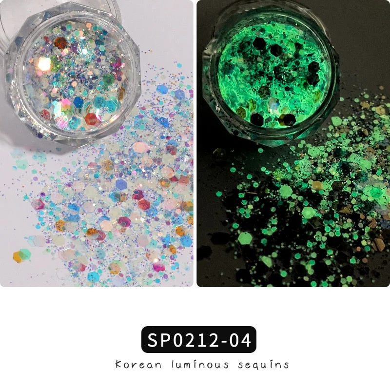 1 Box Luminous Nail Glitter Neon Hexagon Fluorescent Flake Glow in the Dark Sequin Nails Art Decorations Manicure Accessories-Nail Inspo
