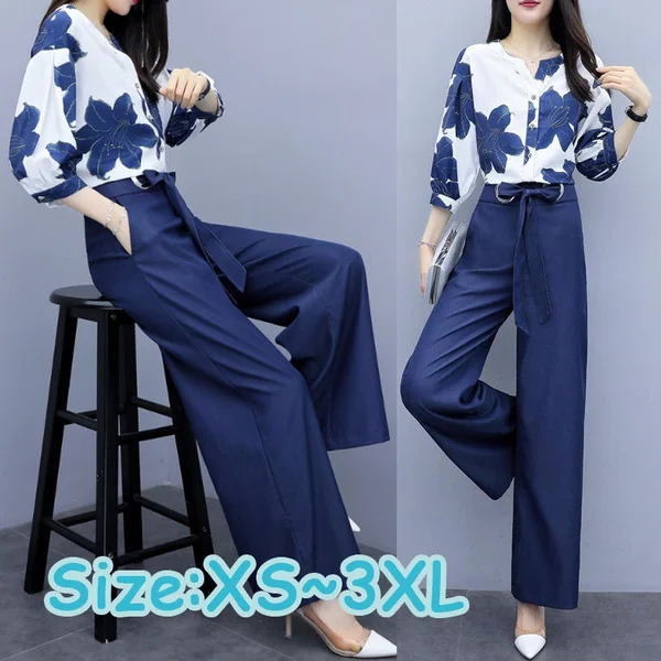 Spring Summer Chiffon Floral Print Two Piece Sets Women Blouses And Wide Leg Pants Suits Elegant Fashion Office Ladies Outfits