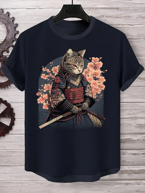 Men's Samurai Cat Warrior Ninja Cherry Blossoms Art Printed T-Shirt