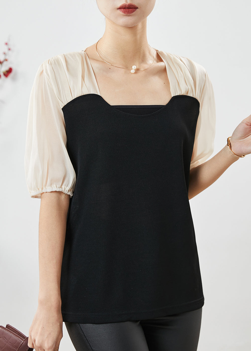 VCSHOES Black Square Collar Patchwork Spandex Shirt Summer