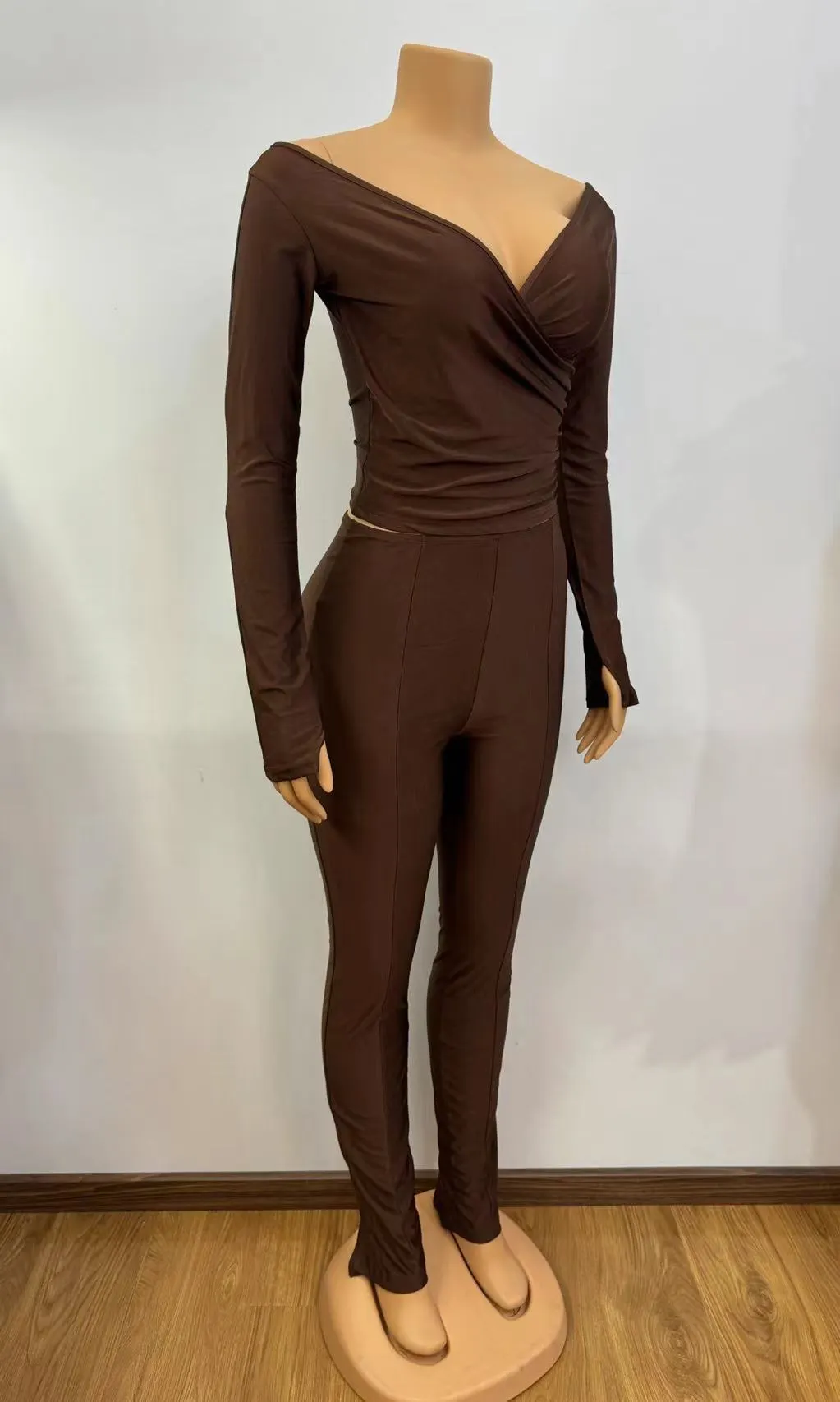 Women Solid v-neck sexy long-sleeved Top And trousers two-piece set