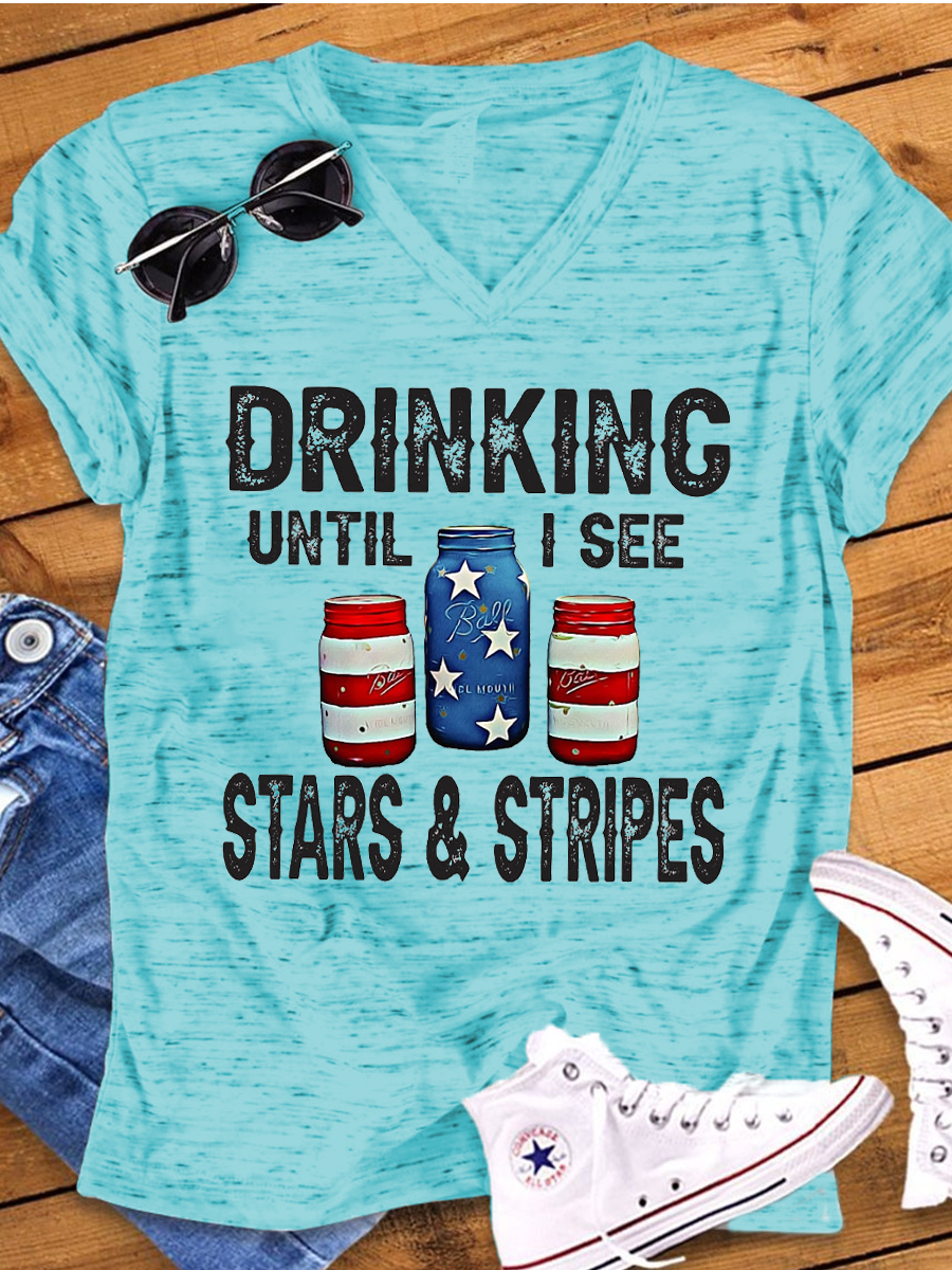 Vintage Drinking Until I See Stars & Stripes Snowflake Dot V-Neck T-shirt