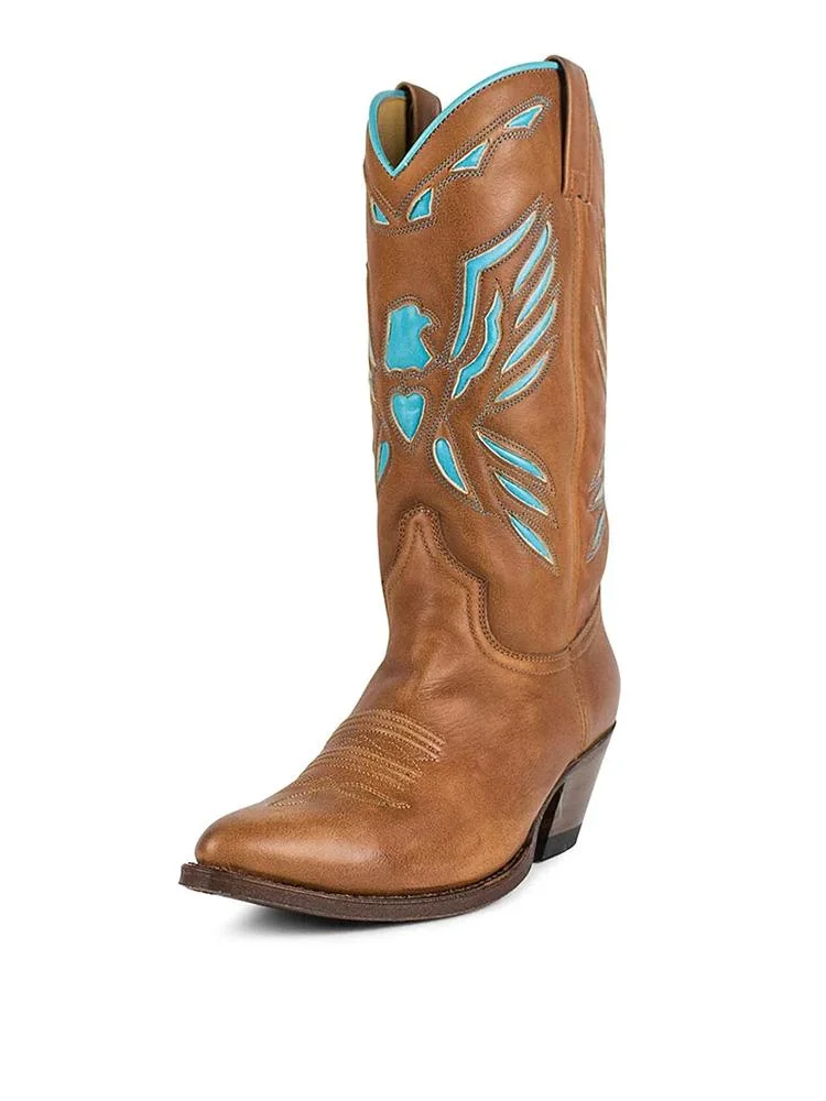 Brown Embroidered Blue Eagle Wide Mid Calf Boots Pointy Cowgirl Chunky Heeled Boots 