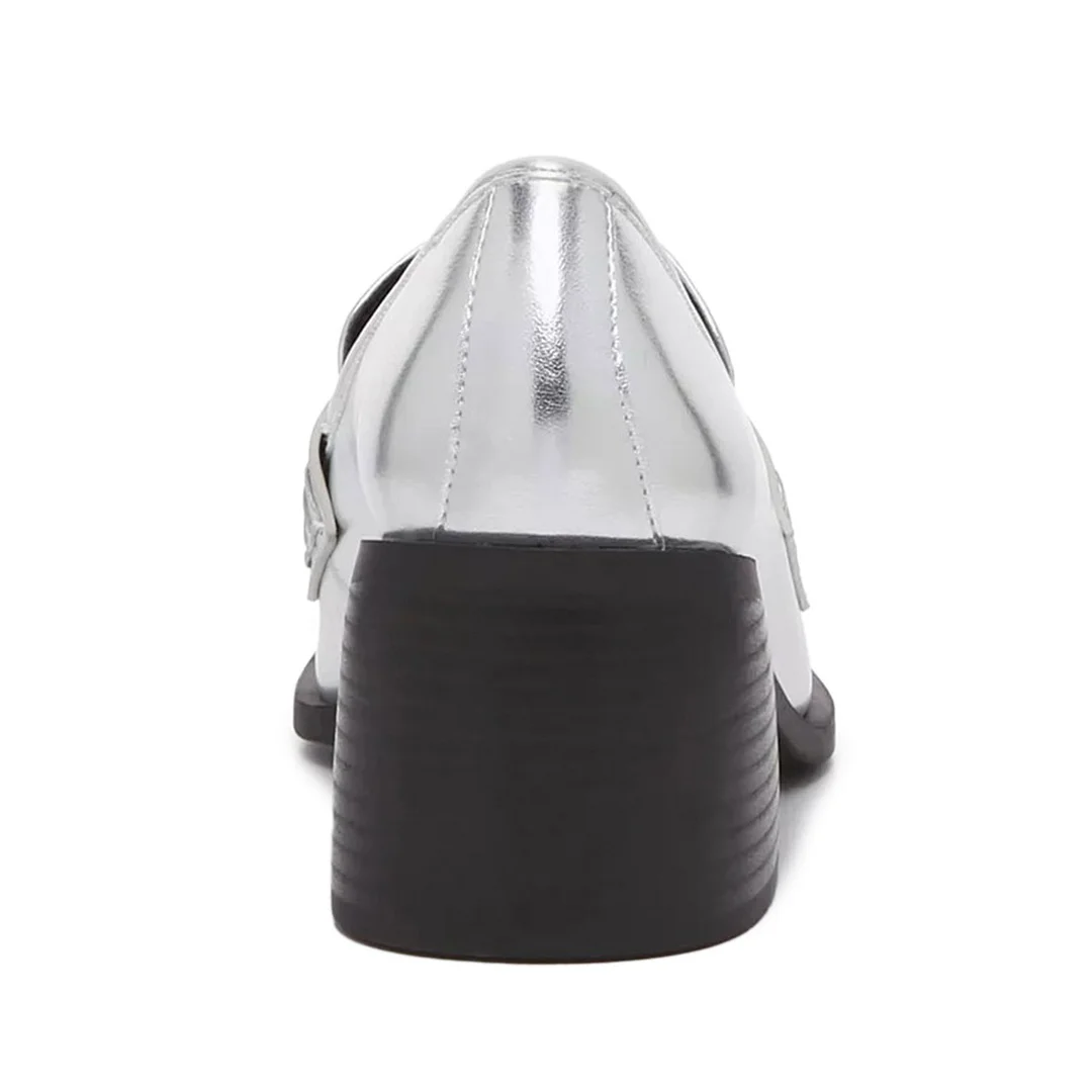 Chic Metallic Finish Slip-On Square-Toe Loafer Heels in Silver