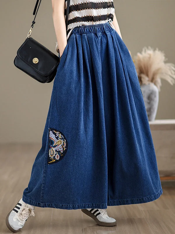 Women's Denim Embroidery Retro Loose Casual Wide Leg Pants Solid Color Straight Pants