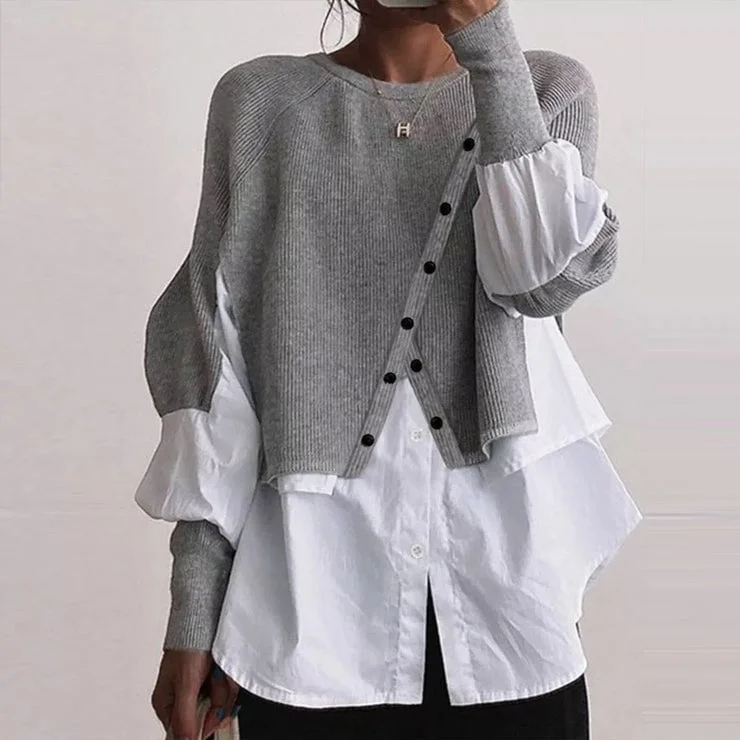 Knit White Blouse Twofer Sweater