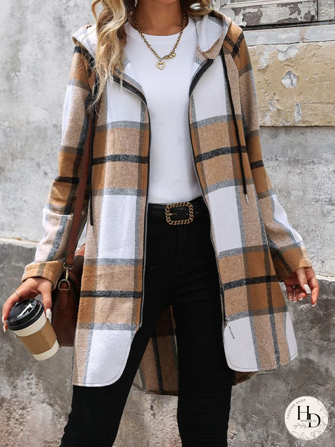 Drawstring Plaid Zip Up Long Sleeve Hooded Outerwear