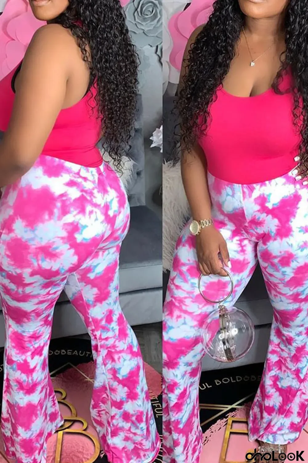 rose red Elastic Fly Mid Print Straight Pants Bottoms