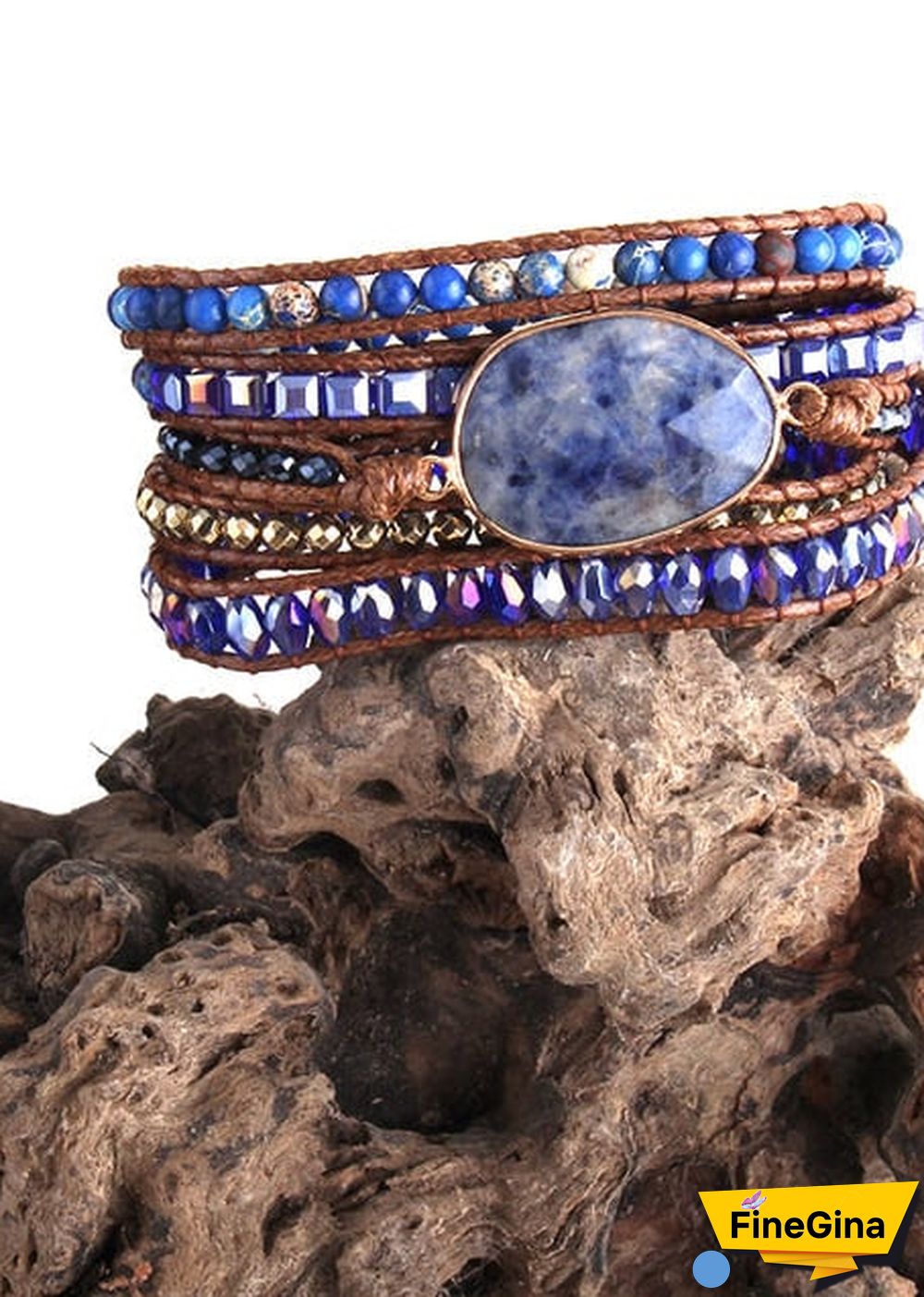 Boho Bracelet, RH 5 Layers Leather Wrap Bracelet, Natural Stones, Crystal Silver