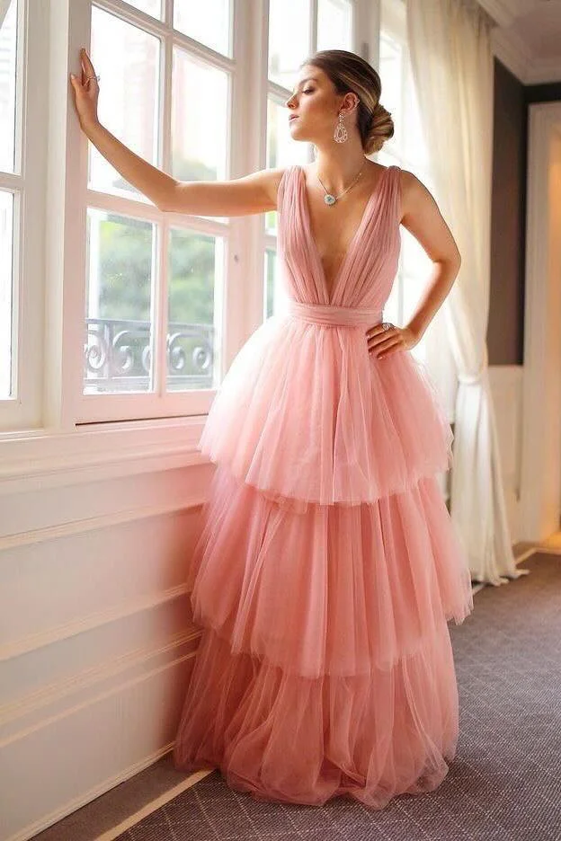 Miabel Amazing Blushing Pink Tulle Spaghetti Strap Sleeveless Long Prom Dress with Ruffles 