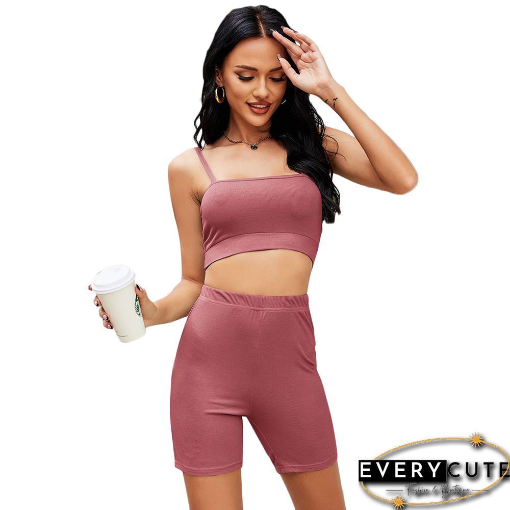 Rust Red Spaghetti Straps Crop with Shorts Loungewear