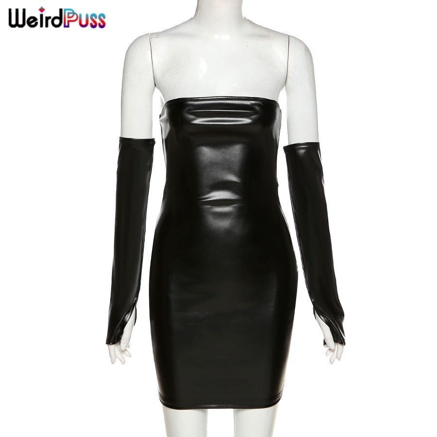 Weird Puss Women Sexy Short Faux PU Leather With Gloves Party Dress fitness Skinny bodycon Backless Hot Street Fashion Clubwear