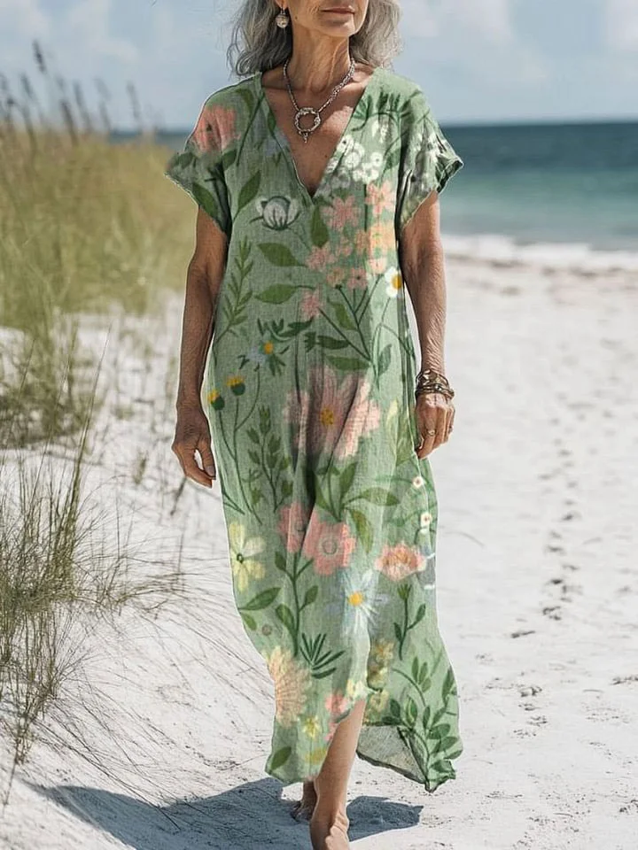 Women's Vintage Lovely Floral Art Print Pocket Cotton Dress