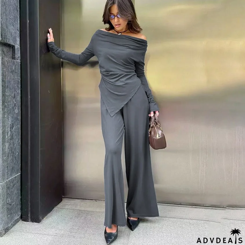 Autumn And Winter Grey Knitting Fashion Off Shoulder Long Sleeve Top High Waist Wide Leg Pants Casual Two Piece Set