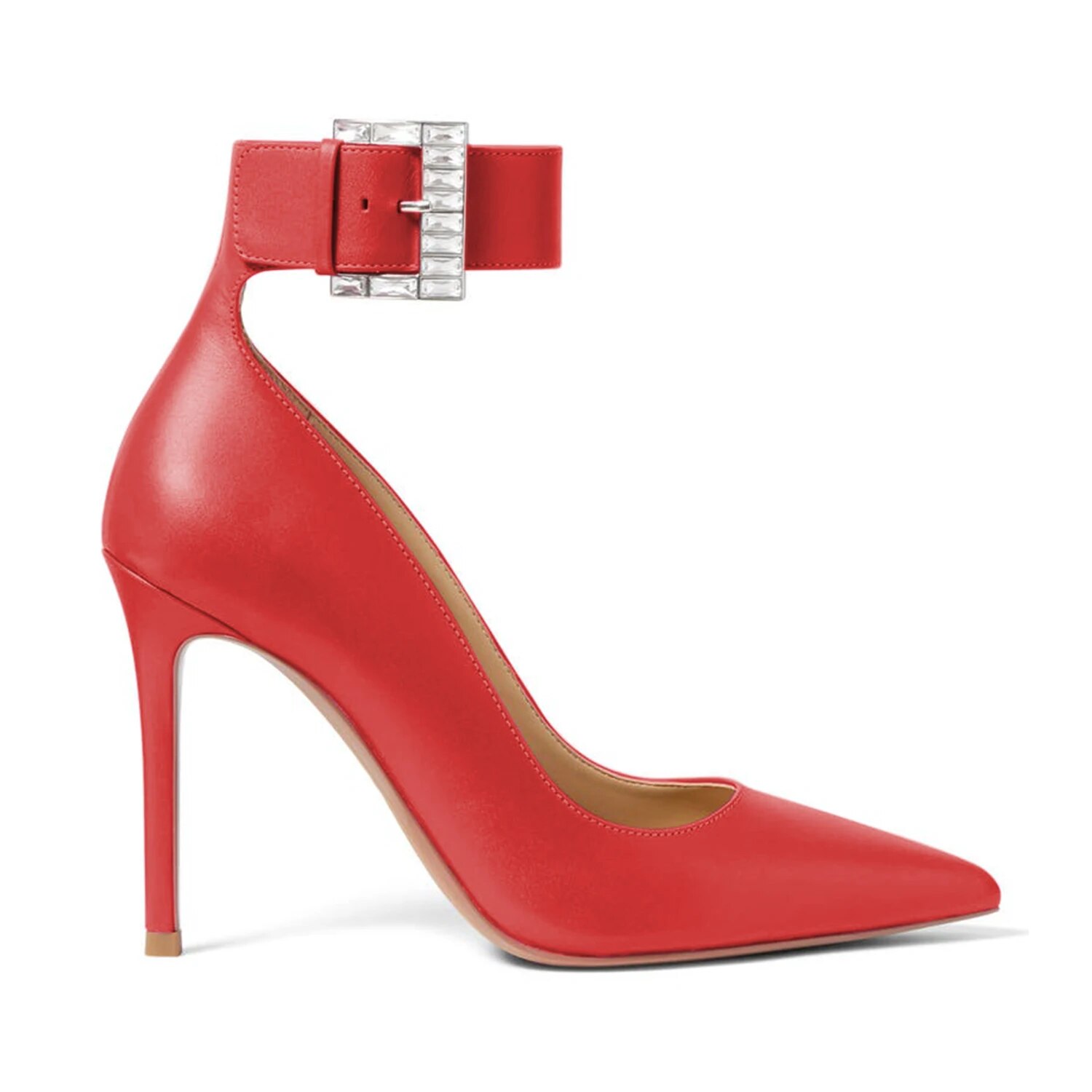 TAAFO Red Crystal Buckle High Thin Heels Women's Pumps Pointed Toe Ladies Party Dress Shoes 