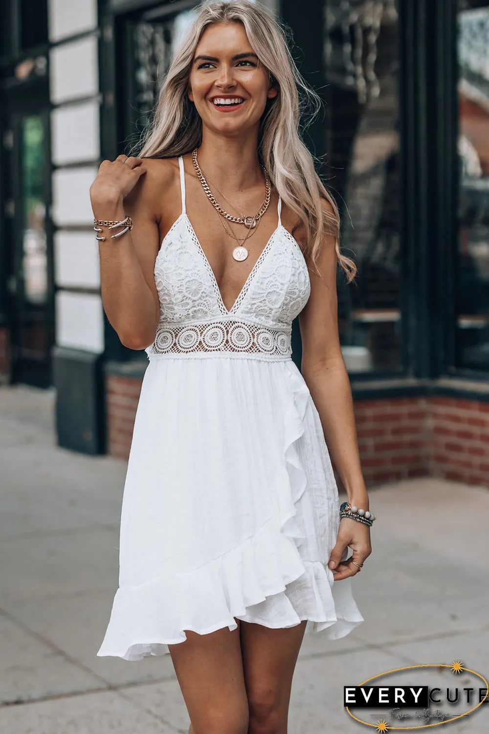 White Lace Detail Spaghetti Straps Ruffled Mini Dress