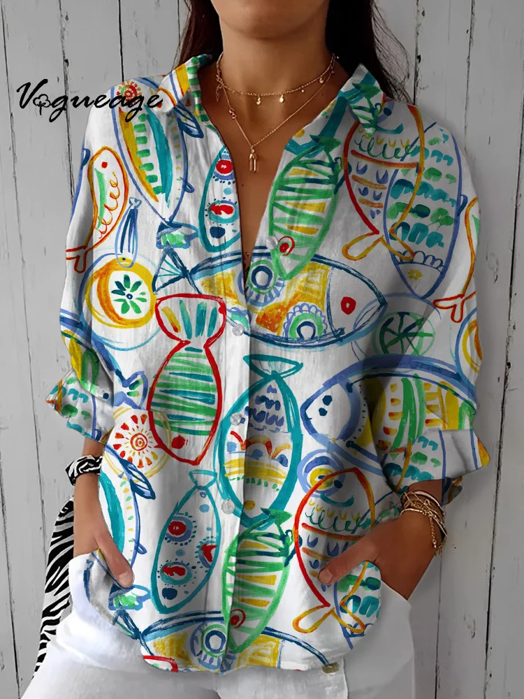 Fashion Painted Line Art Fish Printed Cotton And Linen Shirt