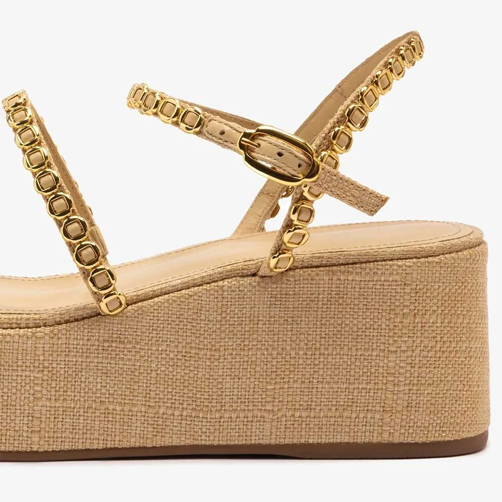 Beige Open Round Toe Gold Hardware Decor Strappy Platform Sandals