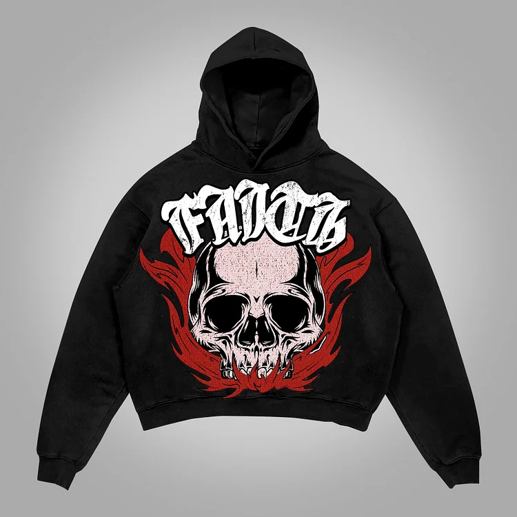 Vintage Flame Skull Faith Graphic Print Side Pocket Hoodie