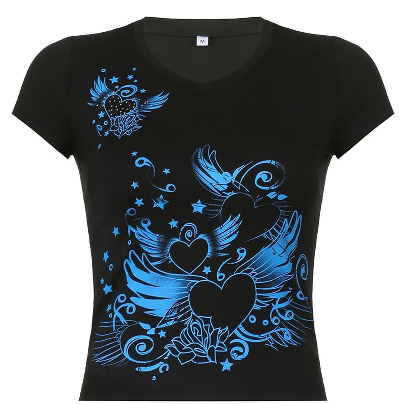 Rapcopter Y2K Cartoon Print Crop Top Grunge Fairycore T Shirt Black Short Sleeve O Neck Pullovers Women Summer Casual Basic Tee
