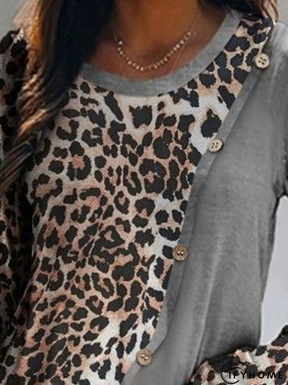 Color-block Leopard Long Sleeve Crew Neck Buttoned Casual Tunic Top | IFYHOME