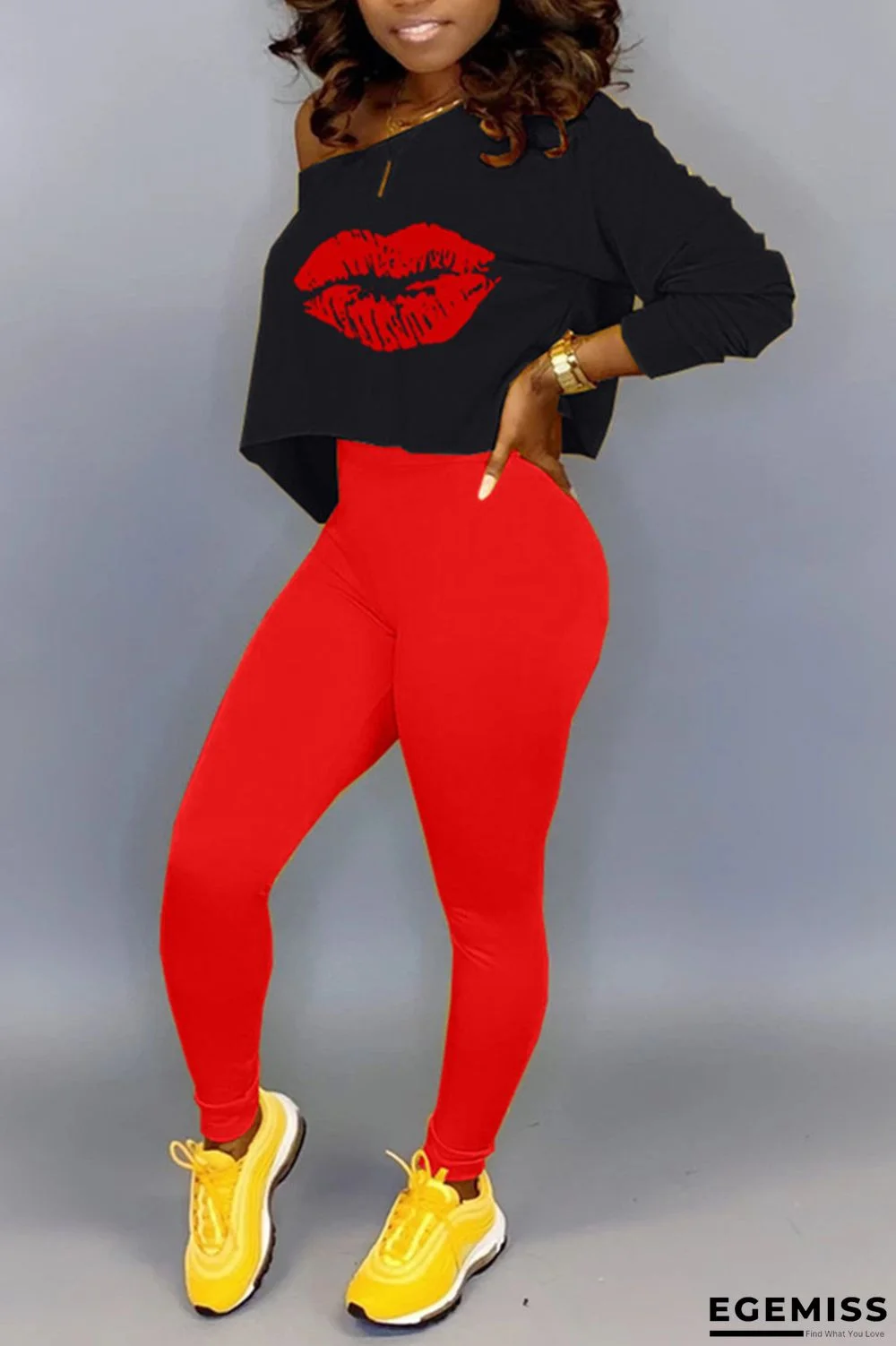 Red Fashion adult Ma'am Street Print Two Piece Suits pencil Long Sleeve Two Pieces | EGEMISS