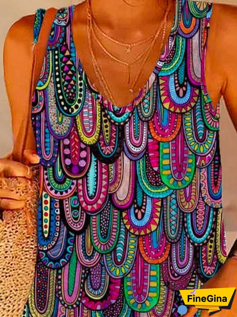 Women's Colorful Sleeveless V-Neck Graphic Printed Top