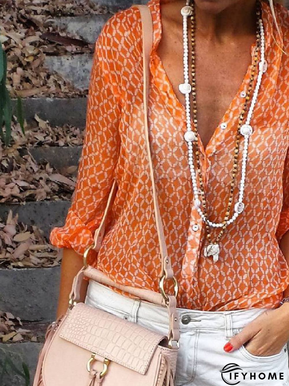 Orange Floral-Print Shirt Collar Long Sleeve Geometric Tops | IFYHOME