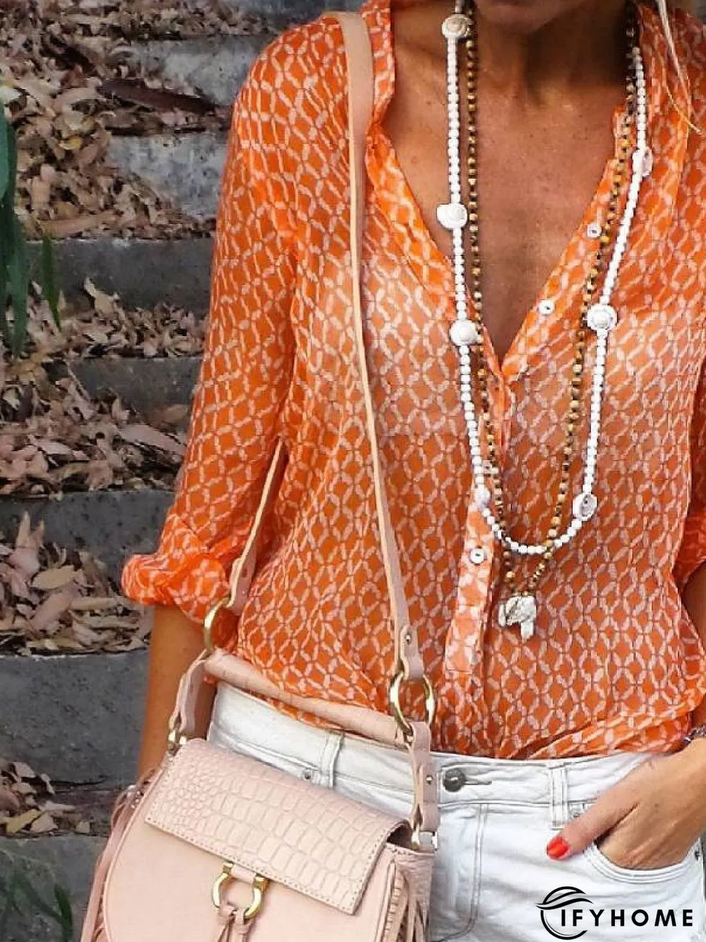 Orange Floral-Print Shirt Collar Long Sleeve Geometric Tops | IFYHOME