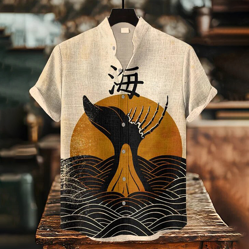 Men's Dolphin And Surf Print Short Sleeve Shirt