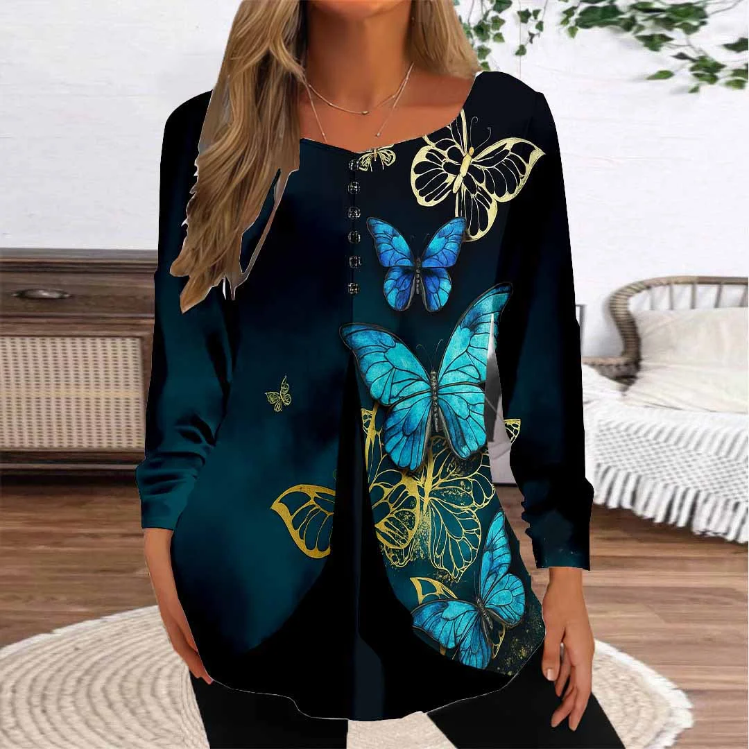 Women Graphic,Blue DZGG8341 Long Sleeve Scoop Neck Printed Graphic Button Fake 2in1 Tops