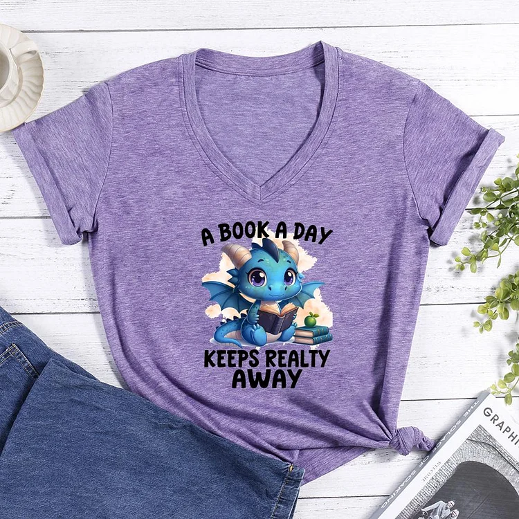 A Book A Day keeps Reality Away V-neck T-shirt-0025773