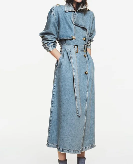 LADYSY Double Breasted Belted Denim Jacket Coat 