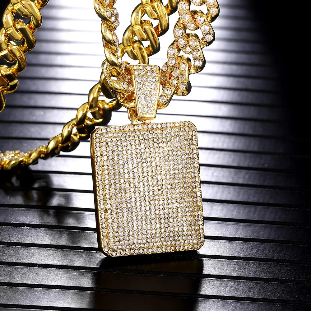 Iced Out Square Pendant with 13MM Cuban Chain Hip Hop Necklace-VESSFUL