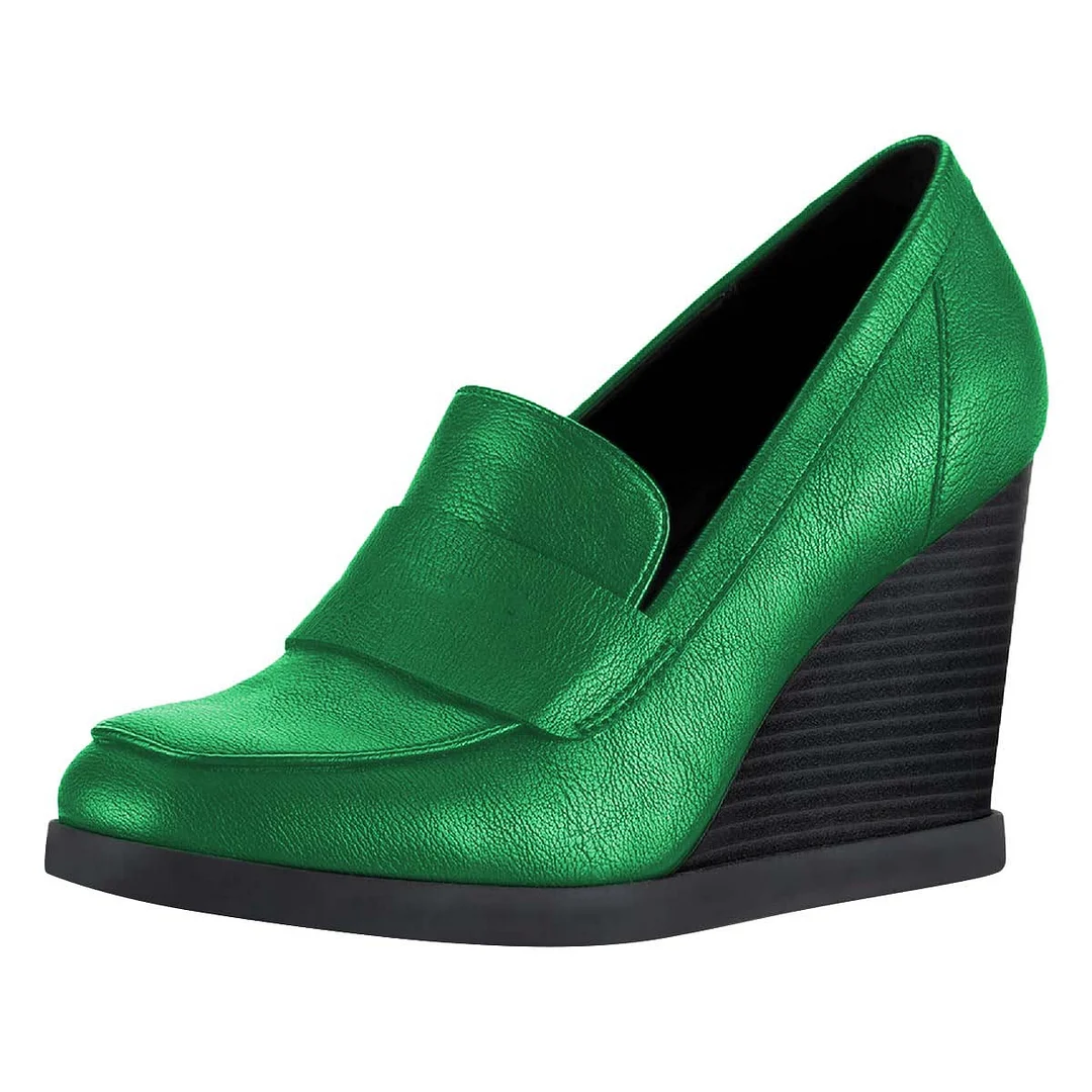 Metallic Green Closed Toe Platform Wedges Heeled Loafers Women