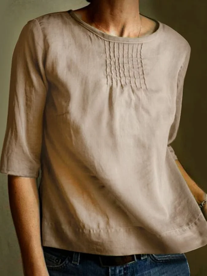 Women's Cotton Solid Color Loose Round Neck Pleated Mid Sleeve Shirt