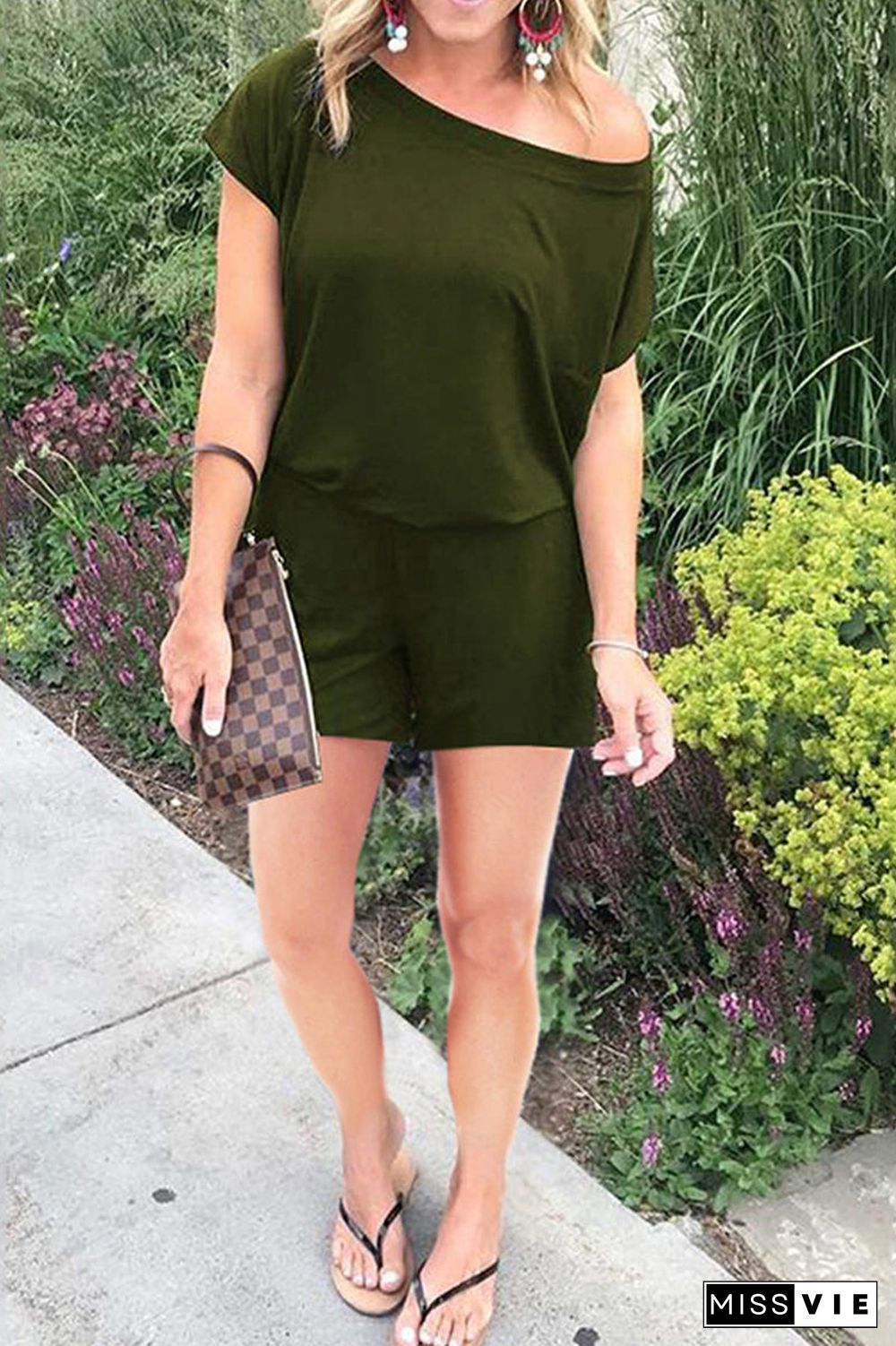 Skew Neck Solid Short Sleeve Romper