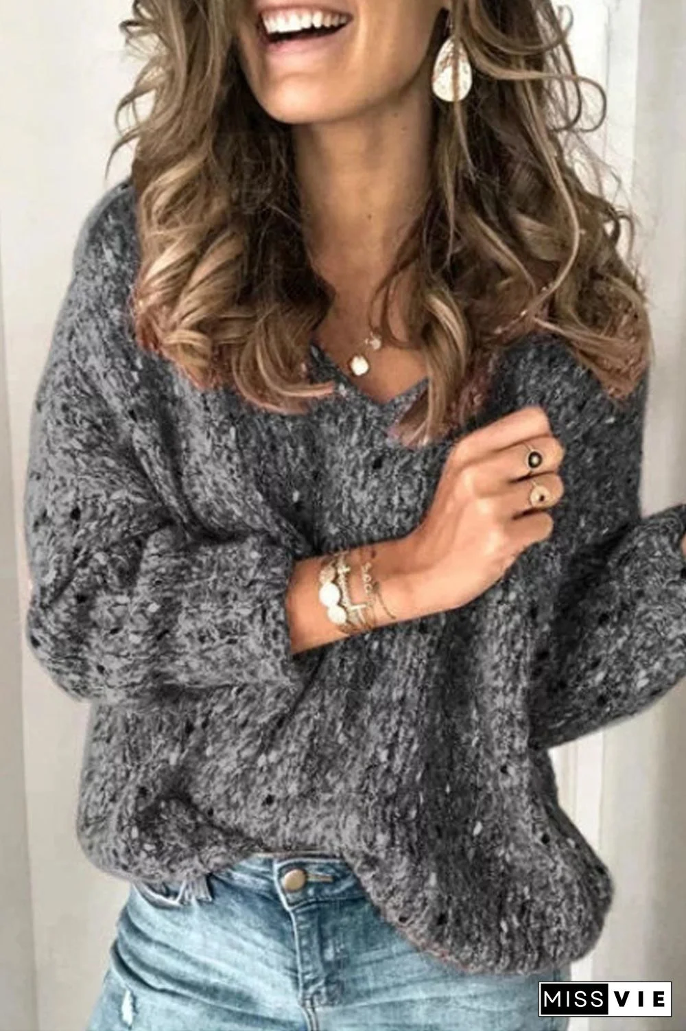 Solid Color Casual V-Neck Sweater