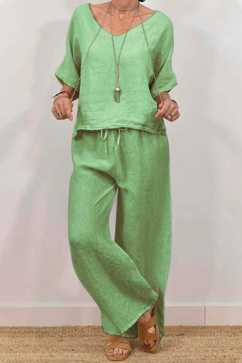 Plus Size Casual Green Cotton And Linen Half Sleeve Wide Leg Two Piece Pant Suit 2024 - Flycurvy 