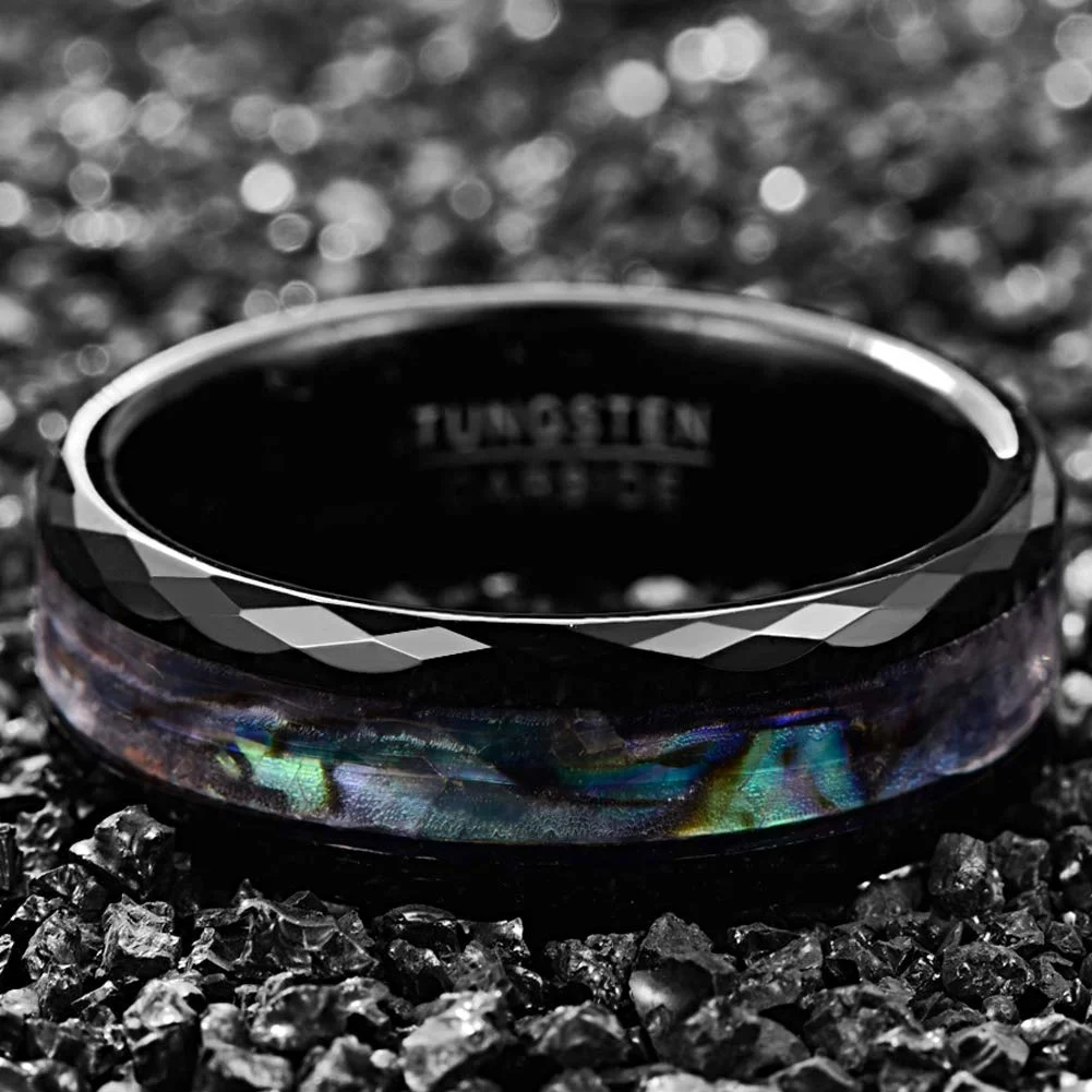 8MM Men Women Black Abalone Shell Tungsten Carbide Unisex Wedding Bands Faceted Edge Comfort Fit Couple