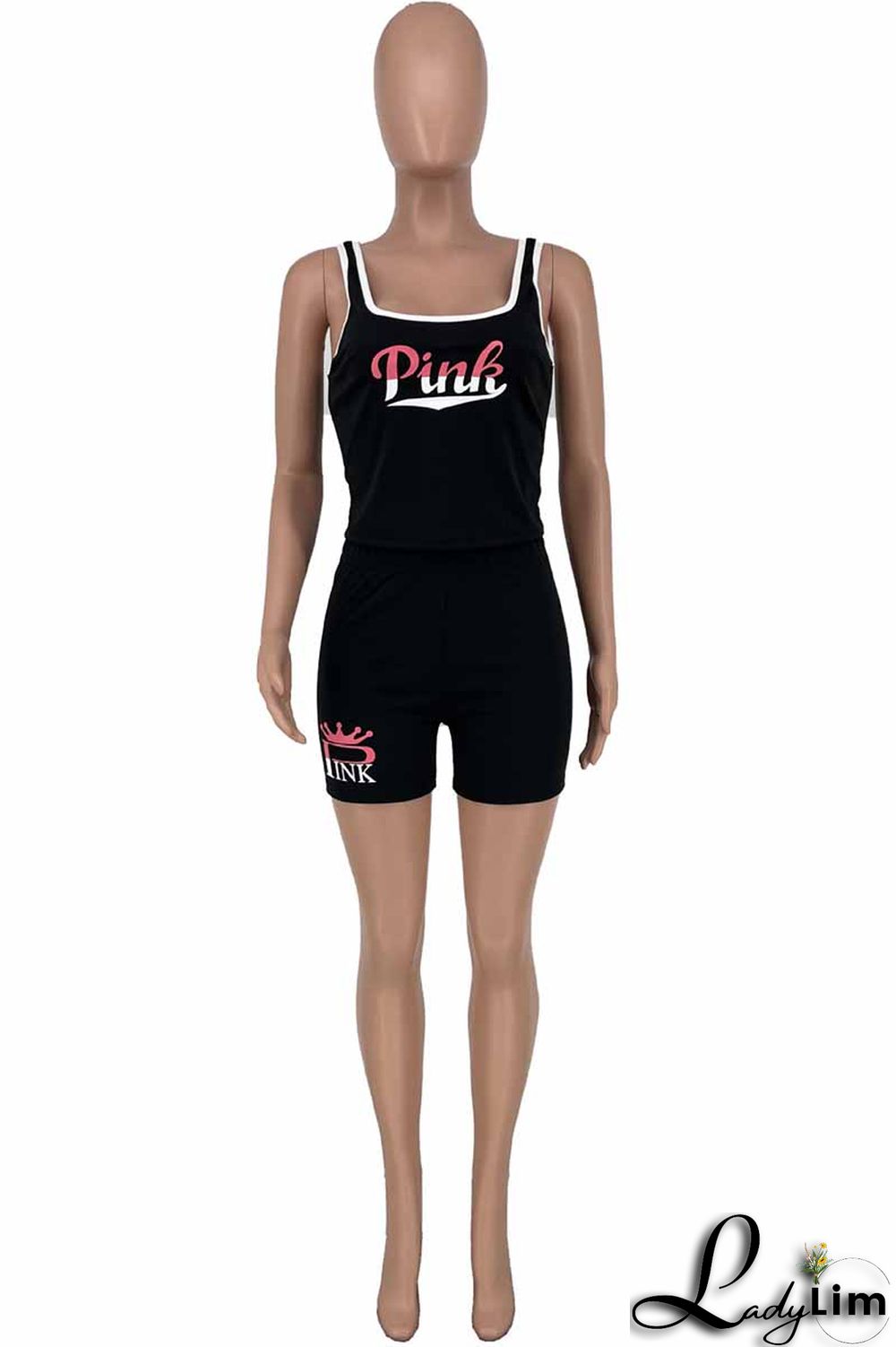 Pink Casual Print Letter U Neck Sleeveless Two Pieces